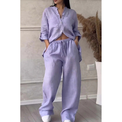 Women’s Shirt and Pants Set – Linen Blend – Relaxed Fit – Wide Leg – Button Down Top