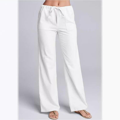 Women’s Wide Leg Pants – Cotton Linen Blend – Drawstring Waist – Full Length Relaxed Fit
