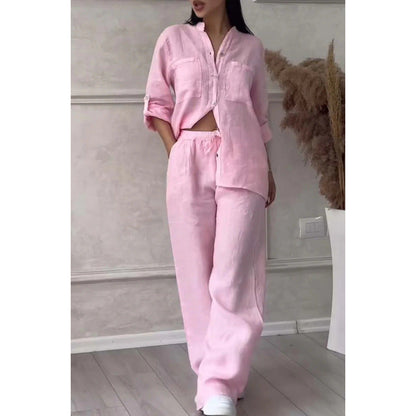 Women’s Shirt and Pants Set – Linen Blend – Relaxed Fit – Wide Leg – Button Down Top