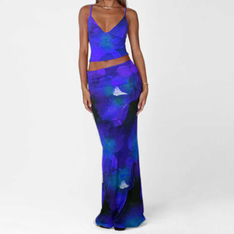 Women’s Vest and Maxi Skirt Set – Satin Finish – Fitted Silhouette – Deep V-Neck