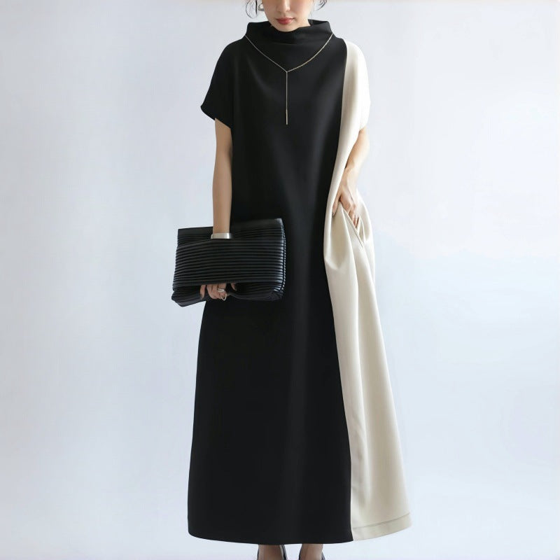 Women’s Midi Dress – Loose Fit – Half Turtleneck – Batwing Sleeves – Two-Tone Design
