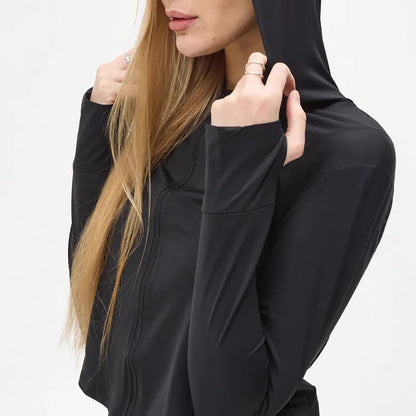 Women’s Hooded Top – Slim Fit – Cropped Length – Lightweight Stretch – Long Sleeve