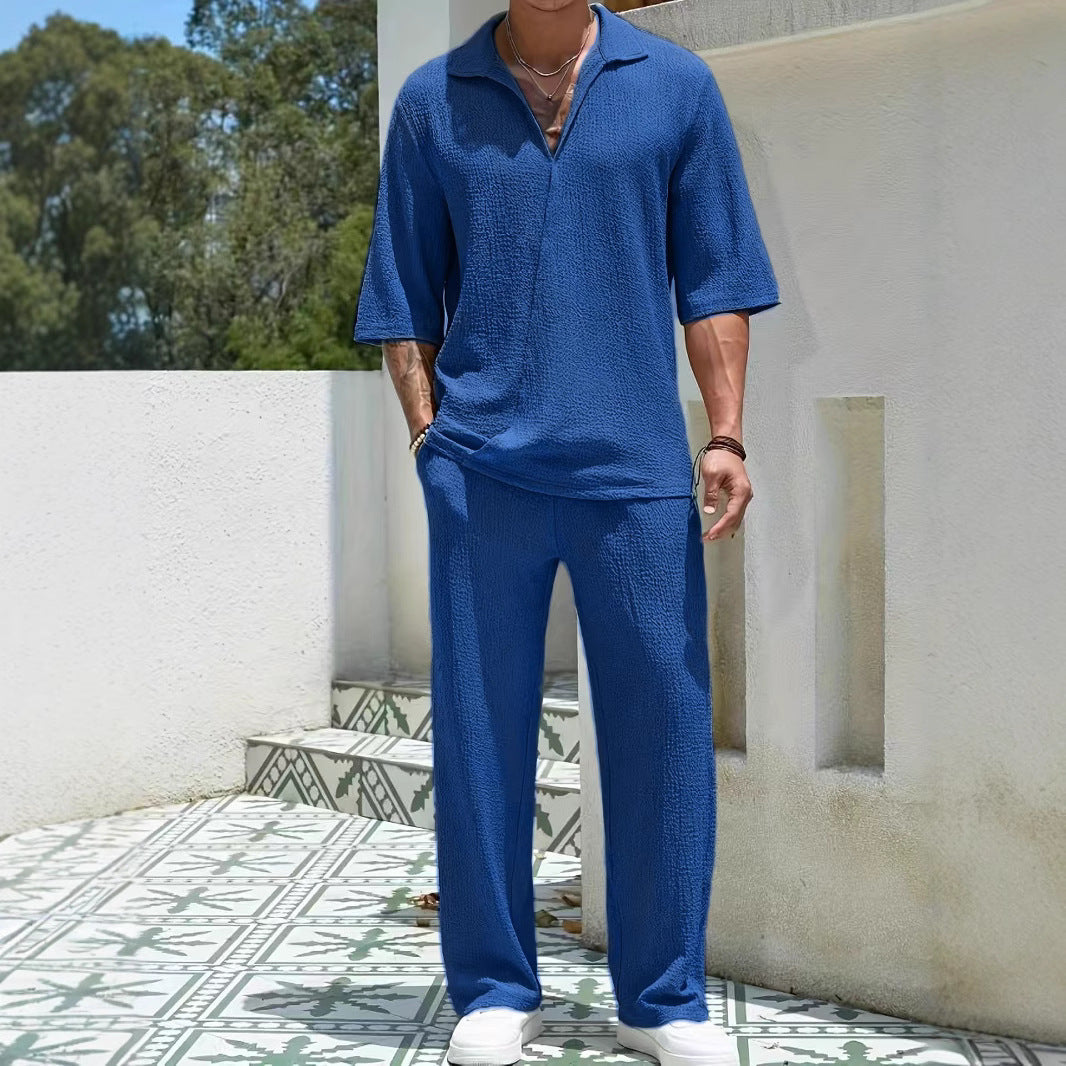 Men’s Shirt and Pants Set – Relaxed Fit – Breathable Textured Fabric – Elastic Waist