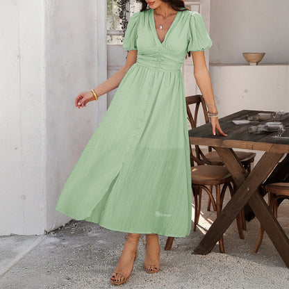 Women’s Maxi Dress – V-Neck – High Waist – Short Sleeve – Button Front – Front Slit
