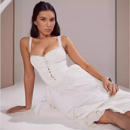 Women’s Midi Dress – Fitted Bodice – Off-Shoulder – Lace-Up Detail – A-Line Silhouette