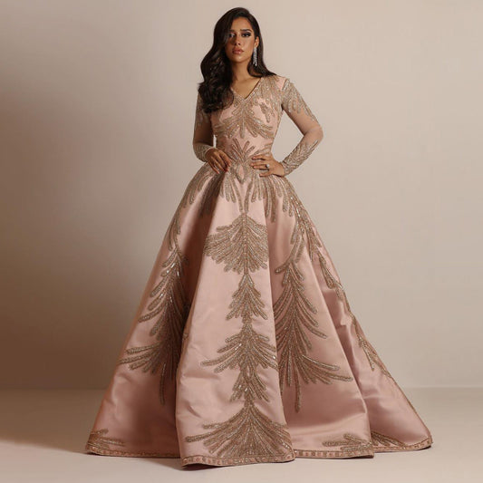 Women’s Evening Gown – Deep V-Neck – Long Sleeve – Sequin Detail