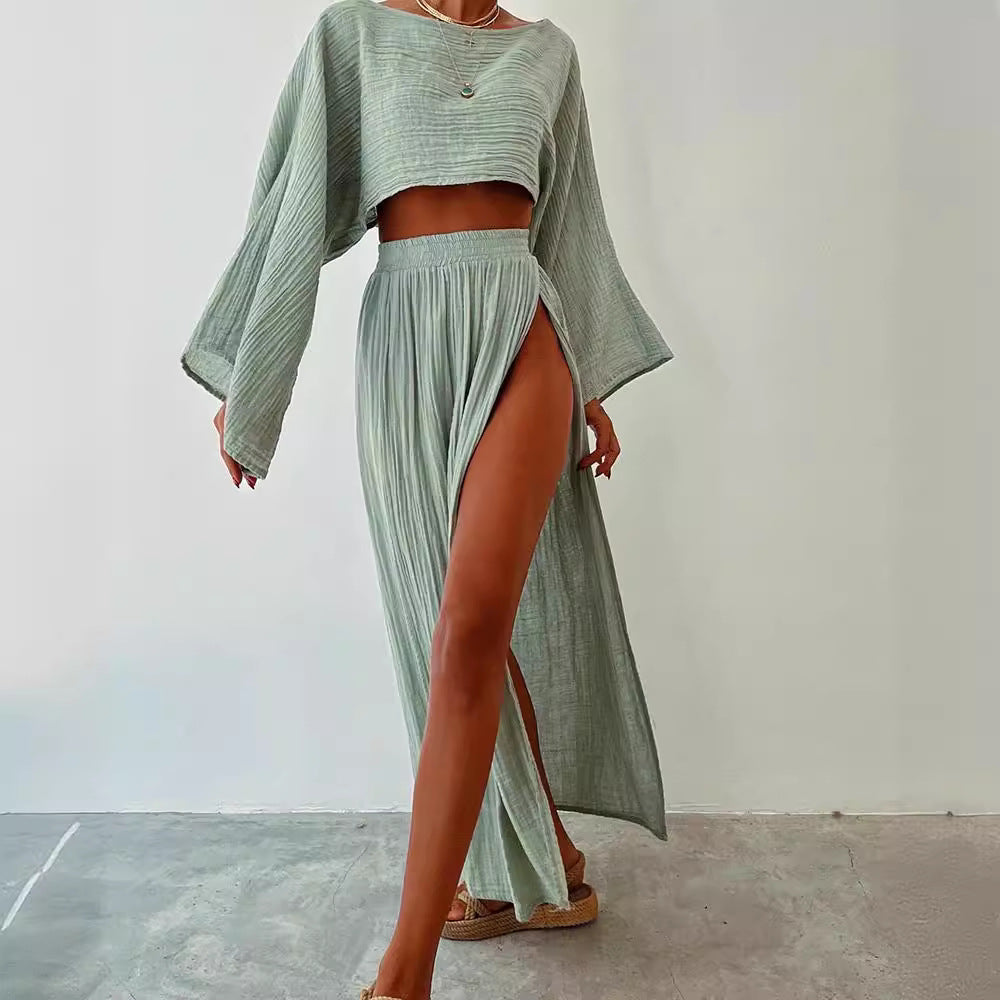 Women’s Two-Piece Set  – Boat Neck – Relaxed Fit – 3/4 Wide Sleeves – High Slit Maxi Skirt