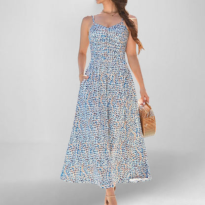 Women’s Sundress – A-Line Fit – Shirred Bodice – Floral Print – Spaghetti Straps – Midi Length – Pockets