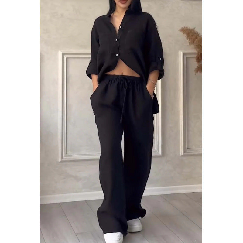 Women’s Shirt and Pants Set – Linen Blend – Relaxed Fit – Wide Leg – Button Down Top