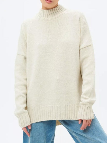 Women’s Pullover Sweater – Soft Ribbed Knit – Oversized Fit – Semi-High Neck – Casual