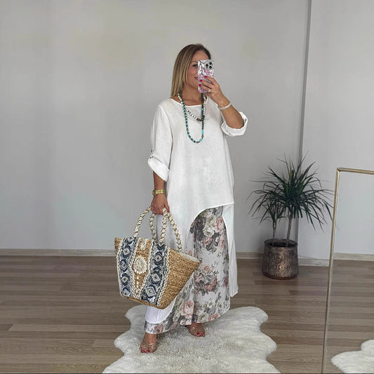 Women’s Tunic Top – Relaxed Fit – Cotton Blend – Long Sleeve – High-Low Hem