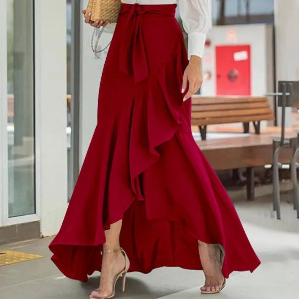 Women’s Full-Length Skirt – High Waist Wrap – Ruffle Hem – Elegant Flared Fit