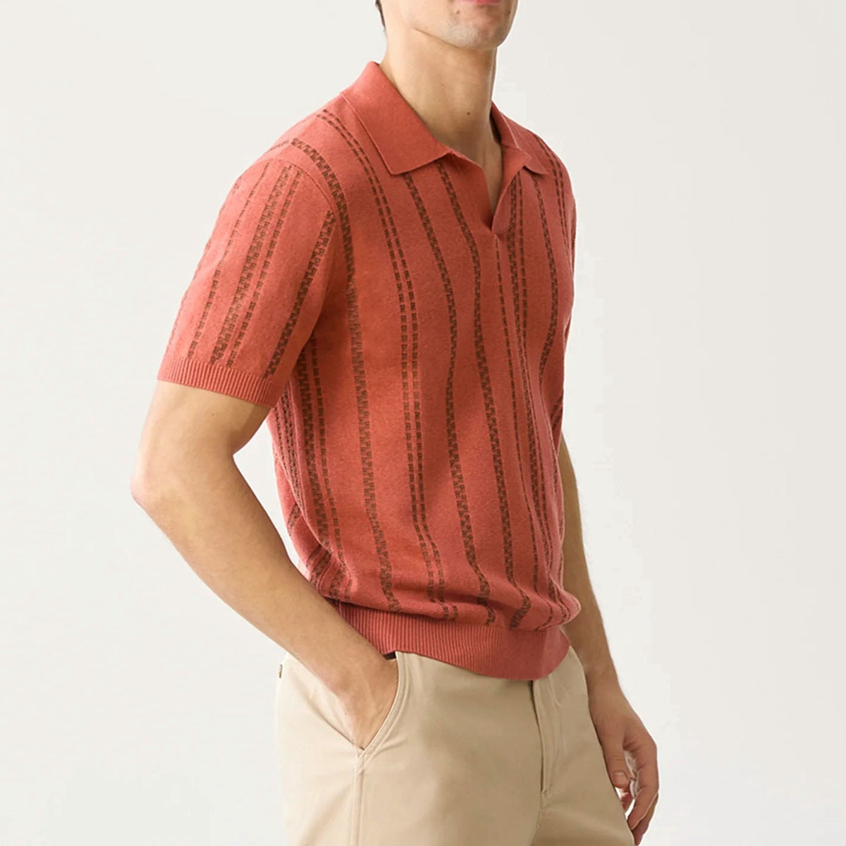 Men’s Polo Shirt – Jacquard Knit – Regular Fit – V-Neck – Short Sleeve Ribbed Trim