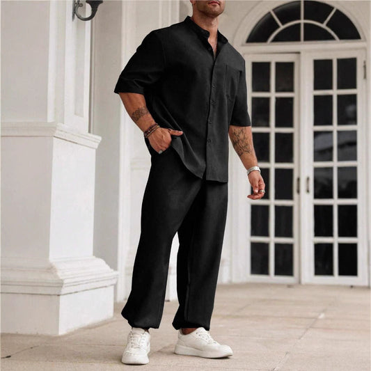 Men's Casual Set – Cotton Linen Blend – Relaxed Fit – Short Sleeve Shirt & Pants