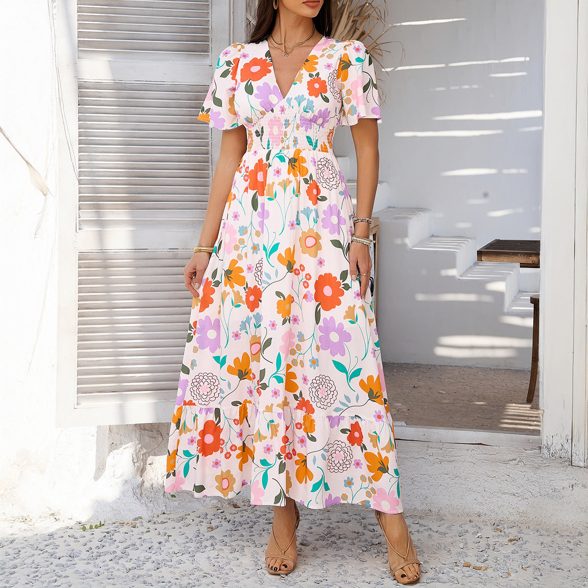 Women’s Maxi Dress – Lightweight Cotton – Relaxed Fit – V-Neck – Puff Sleeve – Ruffle Hem