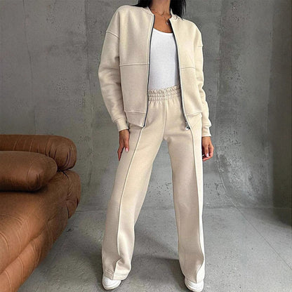 Women’s Two-Piece Set – Zip-Up Jacket – Wide-Leg Pants – Relaxed Fit – Cotton Blend