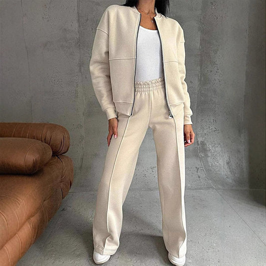 Women’s Two-Piece Set – Zip-Up Jacket – Wide-Leg Pants – Relaxed Fit – Cotton Blend