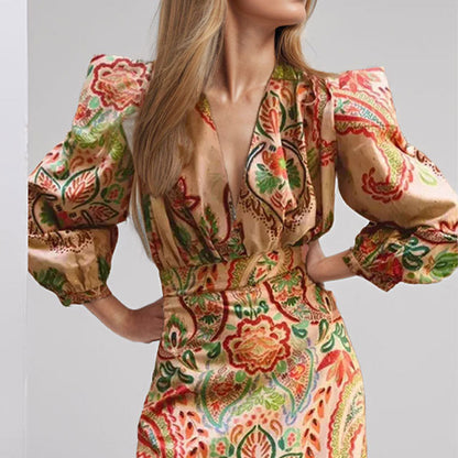 Women’s A-Line Dress – Full Length – V-Neck – Long Sleeve – Paisley Pattern