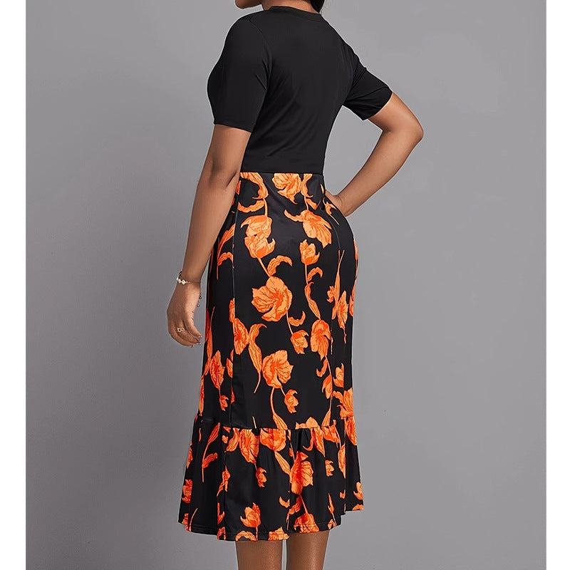 Women’s Midi Dress – A-Line Fit – Floral Print – Button Detail – Short Sleeve