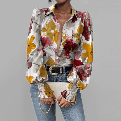 Women’s Button-Down Shirt – Oversized Fit – Puff Sleeves – Floral Print – Smocked Cuffs