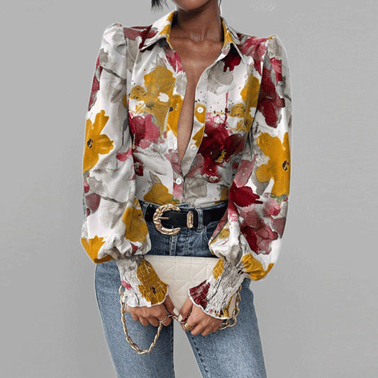 Women’s Button-Down Shirt – Oversized Fit – Puff Sleeves – Floral Print – Smocked Cuffs