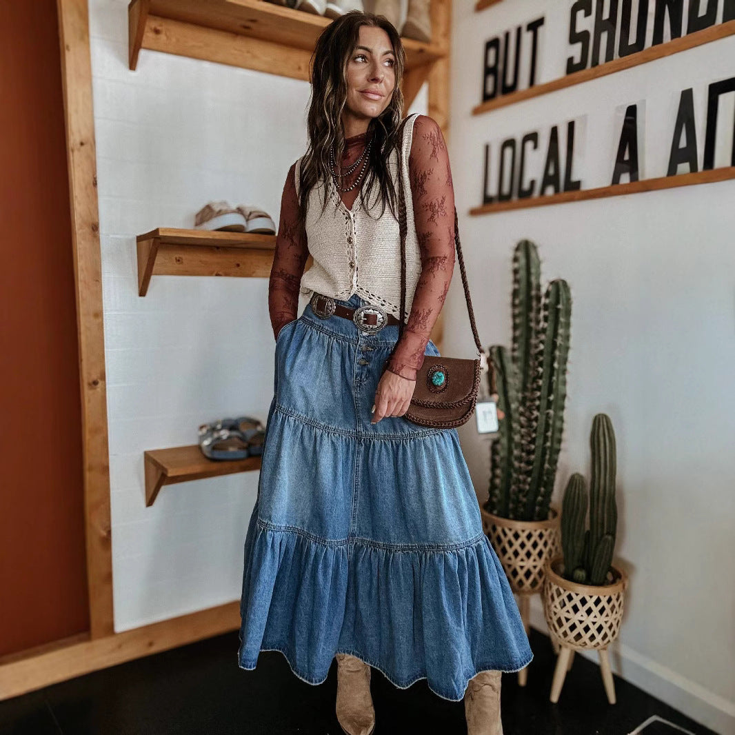 Women’s Denim Skirt – A-Line Fit – Tiered Layers – Button Front – Midi Length Casual
