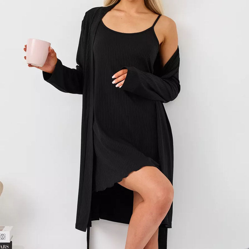 Women’s Loungewear Set – Ribbed Knit – Slim Fit Sleep Dress & Relaxed Open Robe