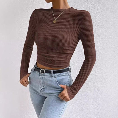 Women’s Crop Pullover Top – Slim Fit – Waffle Knit – Ruched Front – Long Sleeve