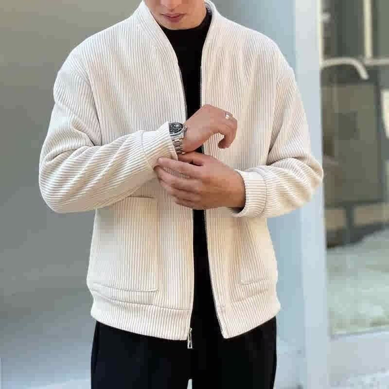 Men’s Jacket – Corduroy Relaxed Fit – V-Neck Zip Front – Ribbed Texture Casual Wear