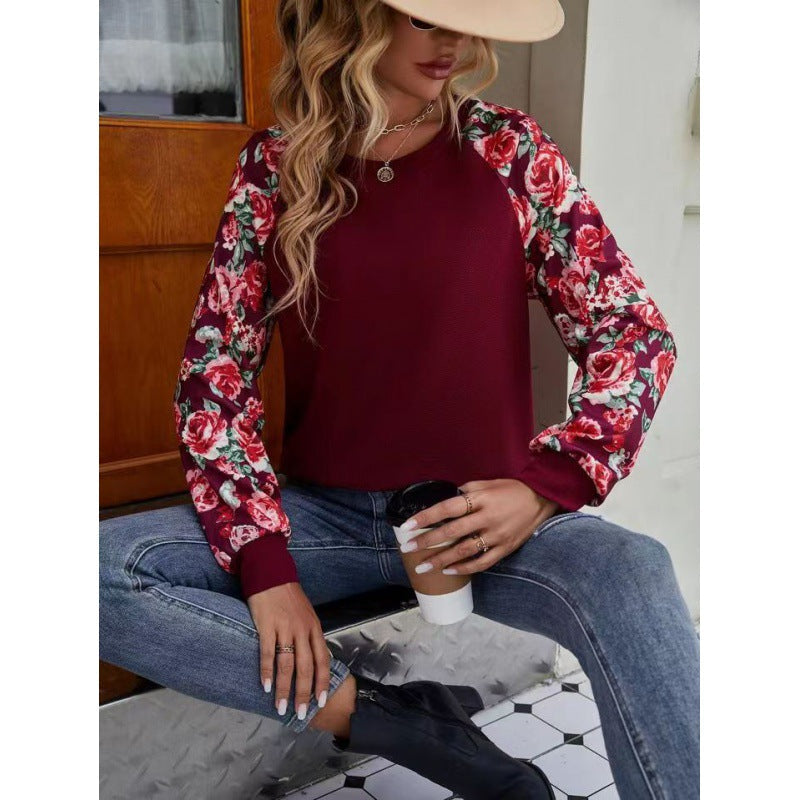 Women’s Sweatshirt – Relaxed Fit – Soft Knit – Floral Raglan Sleeves – Ribbed Cuffs