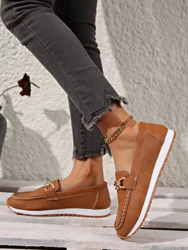 Women’s Loafers – Slip-On – Moc Toe – Suede Look – Platform Sole – Chain Accent
