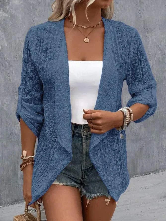 Women’s Cardigan – Crochet Knit – Open Front – Relaxed Fit – Three-Quarter Sleeve