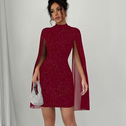 Women’s Mini Dress – Slim Fit – Cape Sleeves – High Neck – Shimmer Embellished Party Wear