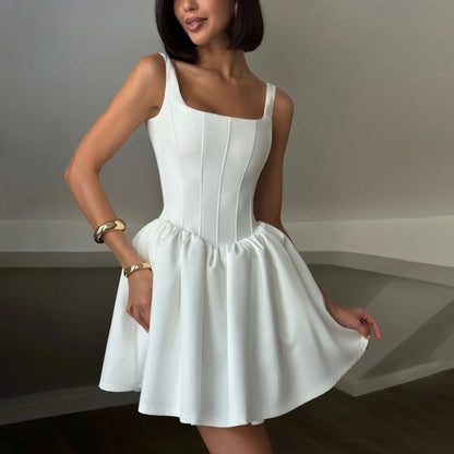 Women’s Mini Dress – Satin – Slim Fit – Sleeveless – Square Neck – Structured Bodice
