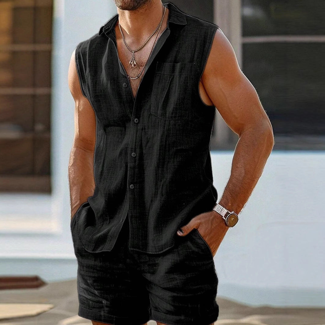Men’s Sleeveless Shirt – Cotton Linen Blend – Relaxed Fit – Button-Up Casual Style