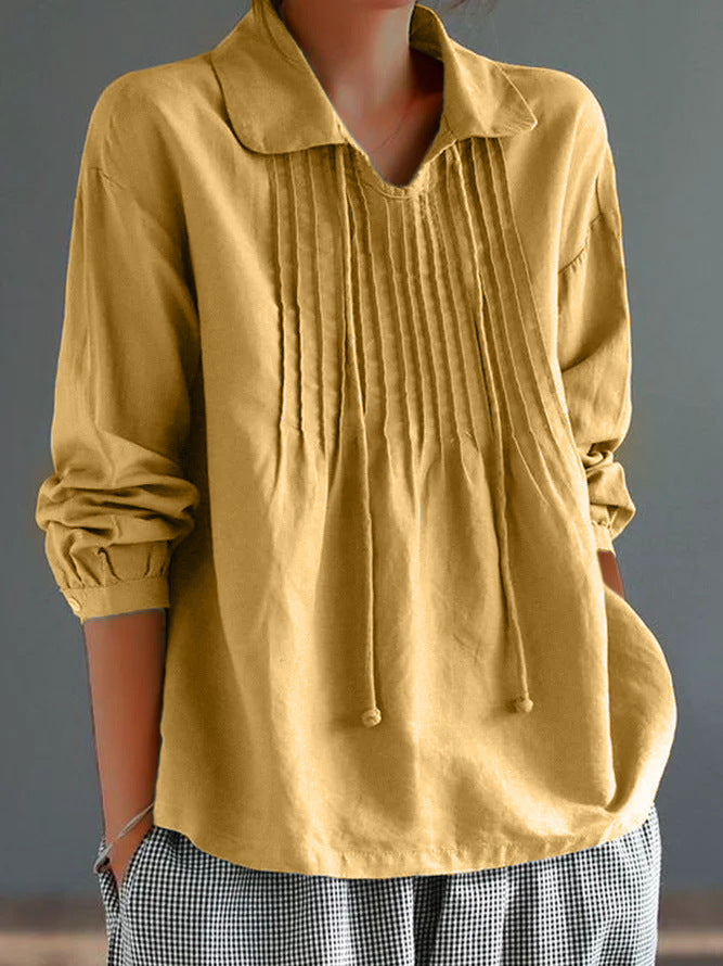 Women’s Long Sleeve Shirt – Cotton Linen Blend – Relaxed Fit – Pleated Front – Collared