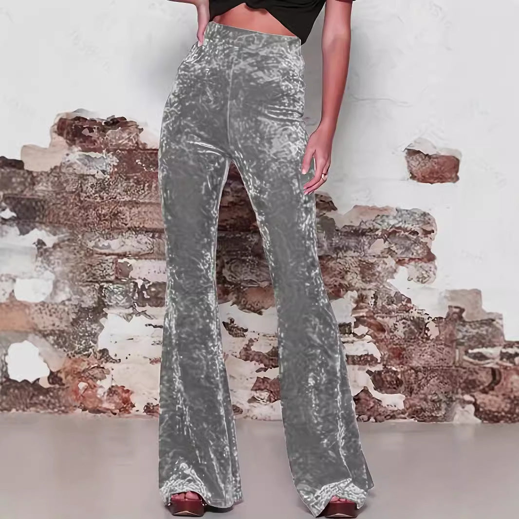 Women’s Flared Pants – Velvet Texture – High Waist – Tailored Fit – Full Length