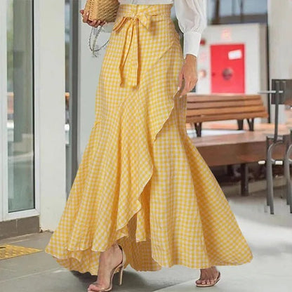 Women’s Full-Length Skirt – High Waist Wrap – Ruffle Hem – Elegant Flared Fit