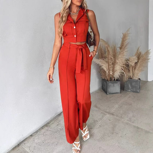 Women’s Pant Set – Sleeveless Button-Up Crop Top – Wide Leg High Waist Trousers – Belted Fit