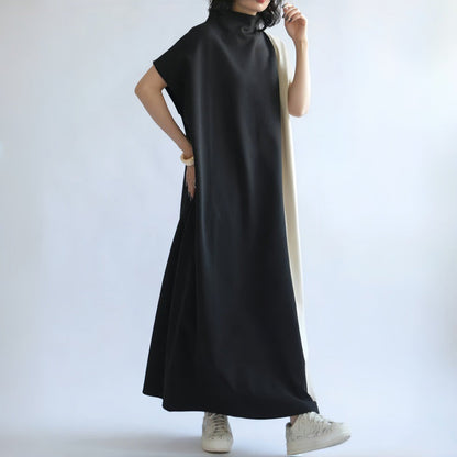 Women’s Midi Dress – Loose Fit – Half Turtleneck – Batwing Sleeves – Two-Tone Design