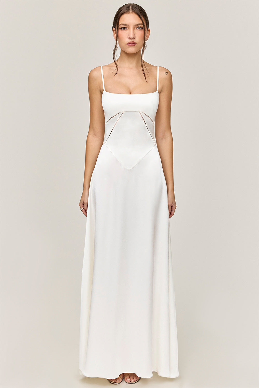 Women’s Evening Gown – Satin Full Length – A-Line Fit – Spaghetti Straps – Cut-Out Waist