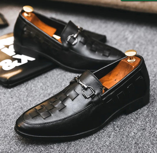 Men’s Loafers – Leather – Slip-On – Woven Vamp – Metal Horsebit – Almond Toe – Low Heel