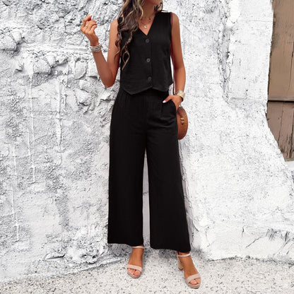 Women’s Two-Piece Set – V-Neck Button Top – High-Waist – Wide-Leg Pants – Linen Blend