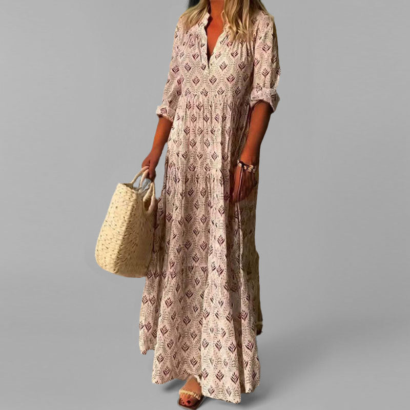 Women’s Maxi Dress – Lightweight Cotton – Loose Fit – V-Neck – 3/4 Sleeve – Vintage Print