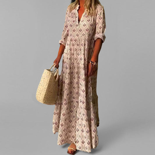 Women’s Maxi Dress – Lightweight Cotton – Loose Fit – V-Neck – 3/4 Sleeve – Vintage Print