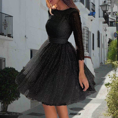 Women's A-Line Dress - Tulle - Fitted Bodice - Boat Neck - Sheer 3/4 Sleeves