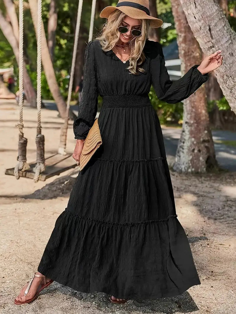 Women’s Maxi Dress – V-Neck – Smocked Waist – Tiered – Long Sleeve Flowy Fit