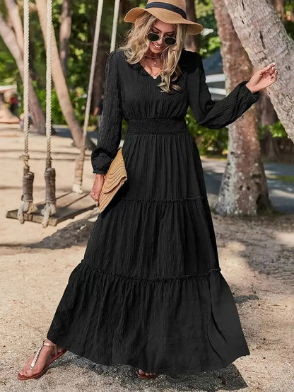 Women’s Maxi Dress – V-Neck – Smocked Waist – Tiered – Long Sleeve Flowy Fit