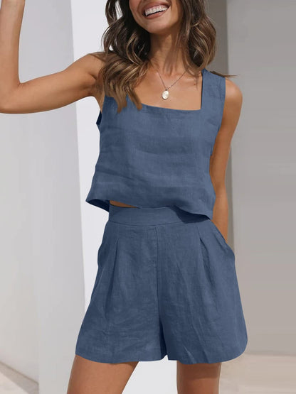 Women’s Two-Piece Set – Linen Blend – Cropped Sleeveless Top – High Waist Pleated Shorts