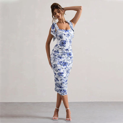 Women’s Bodycon Dress – Slim Fit – Floral Print – Ruched Midi – Tie Shoulder Straps